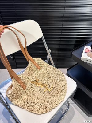 Yves Saint Laurent metal label woven tote bag 38*32cm apricot